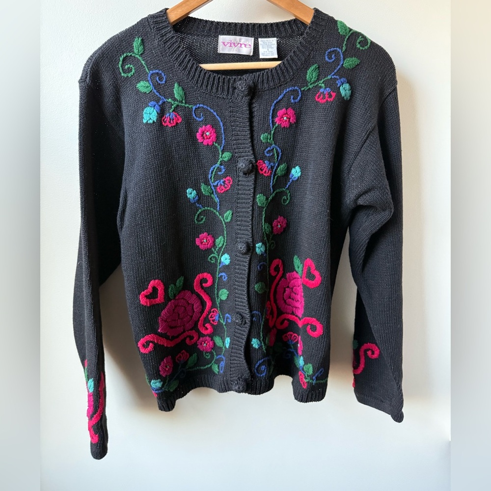 Vintage Floral Embroidered Cardigan Sweater Cottagecore Granny‎ Grannycore S